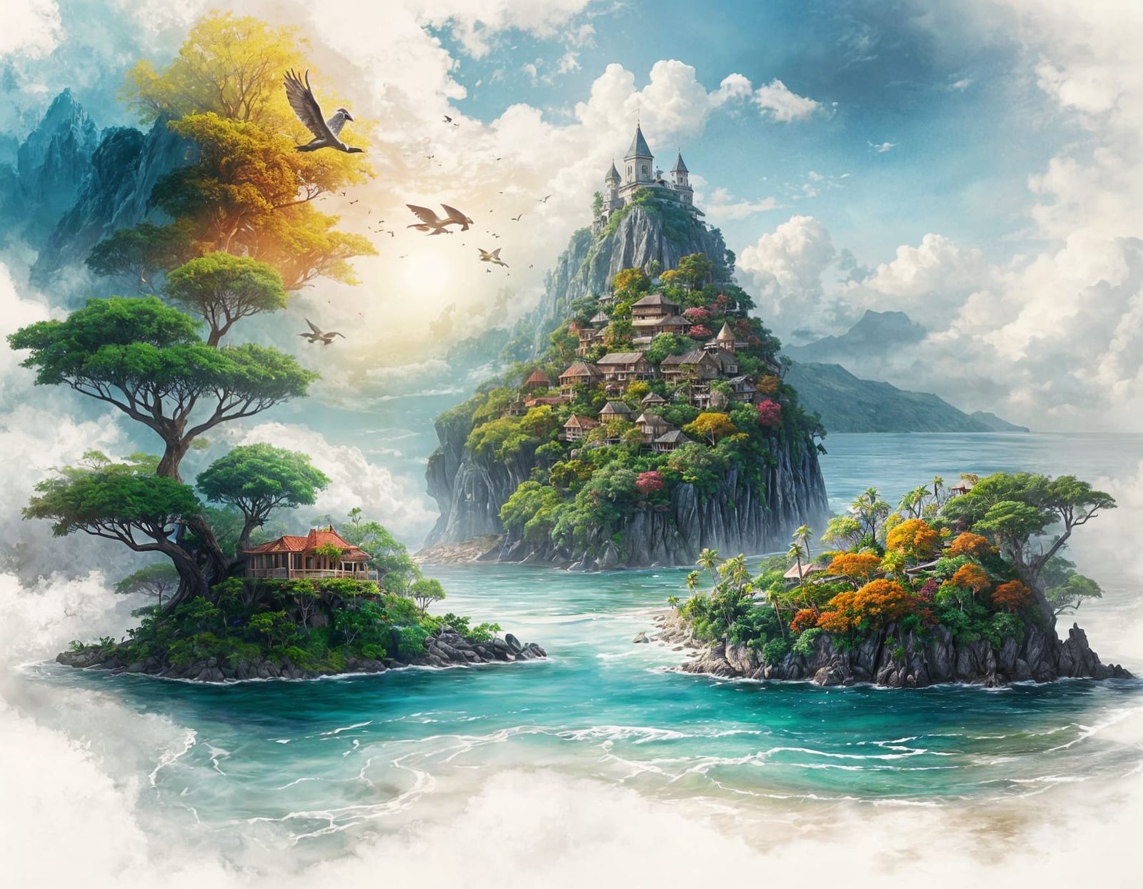 Vibrant Island of Dreams Floating in a Contrasting Sea