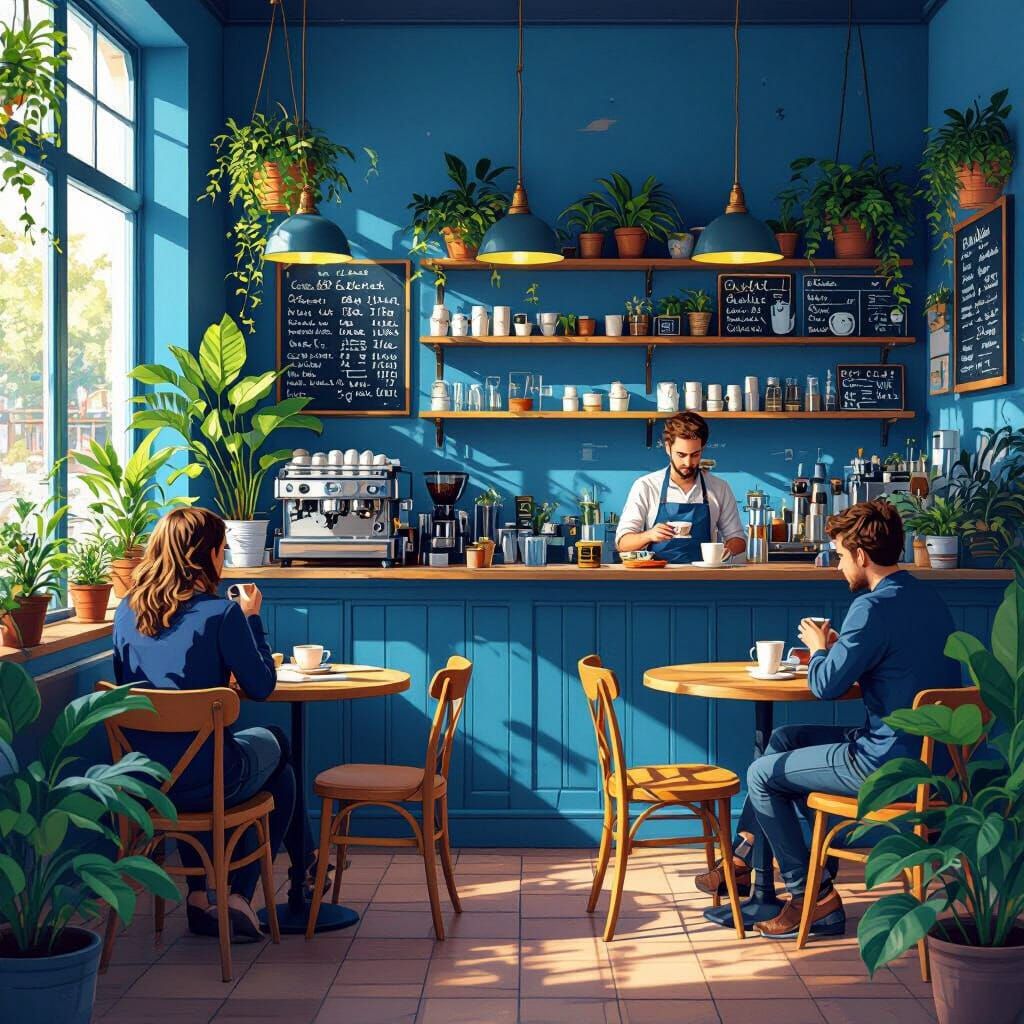 Cozy Blue Coffee Shop Interior with Lush Plants and Vibrant ...