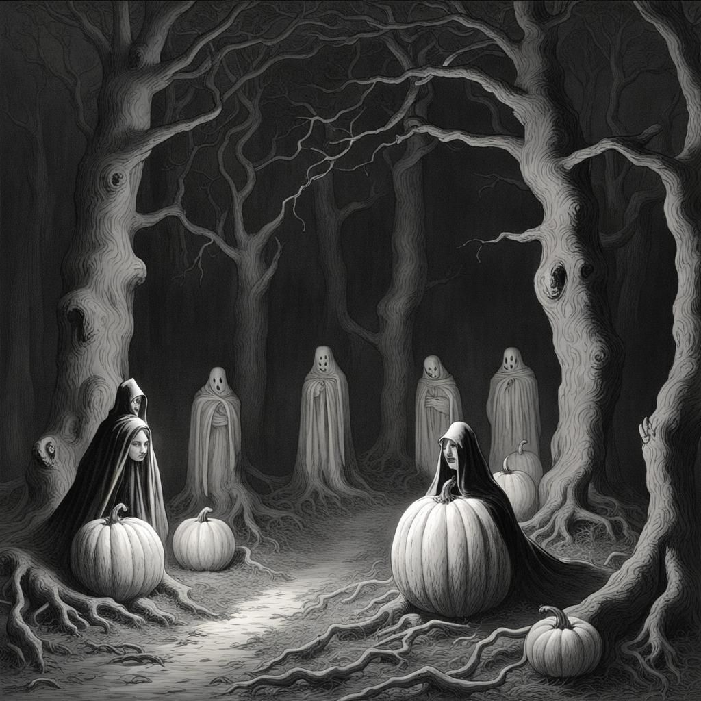 Halloween Pumpkins and Ghost in Dark Woods