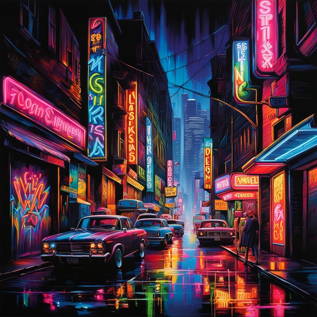 Neon Cityscape at Night: Graffiti Splash Art