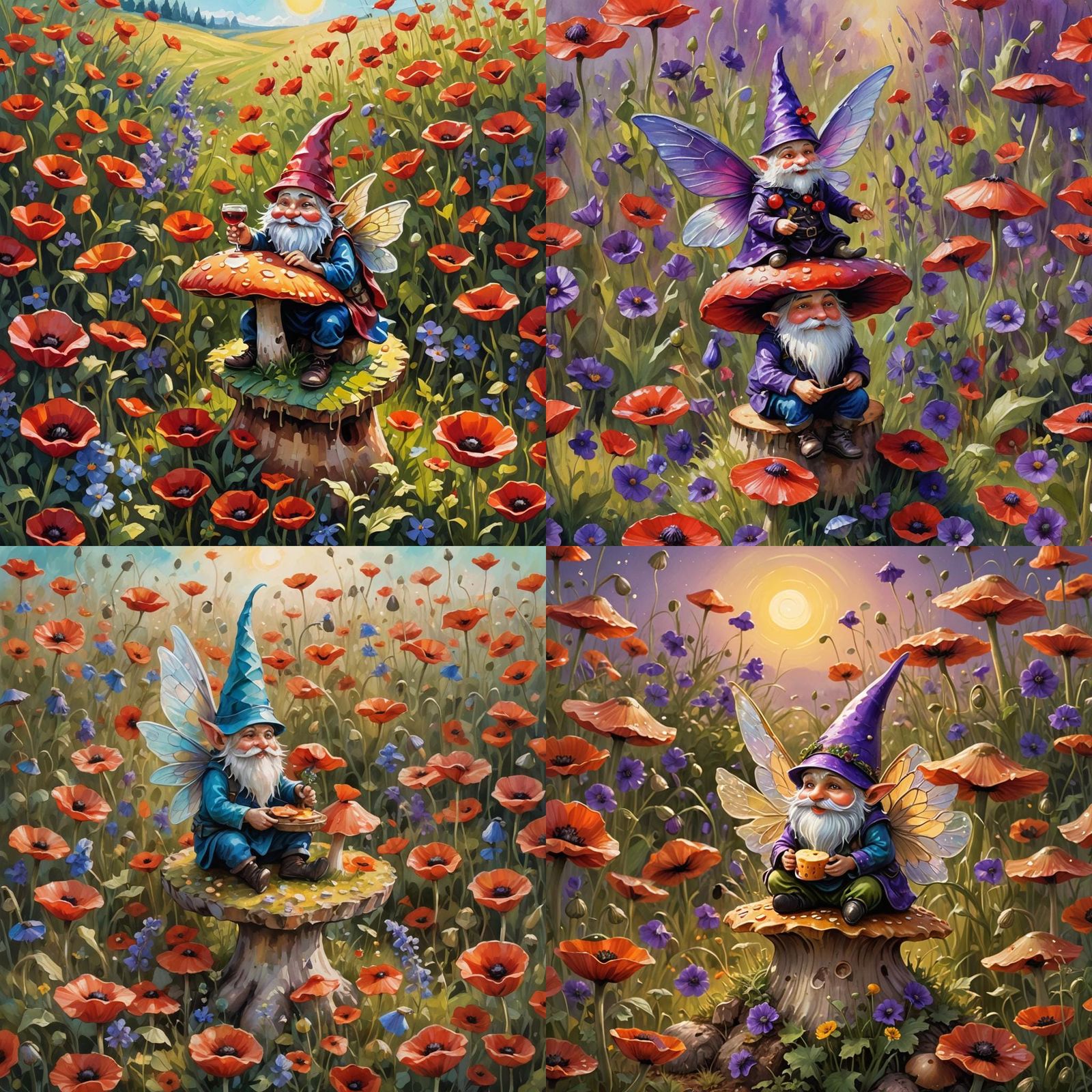 Whimsical Fairy Gnome in Poppy Field, Abstract Art