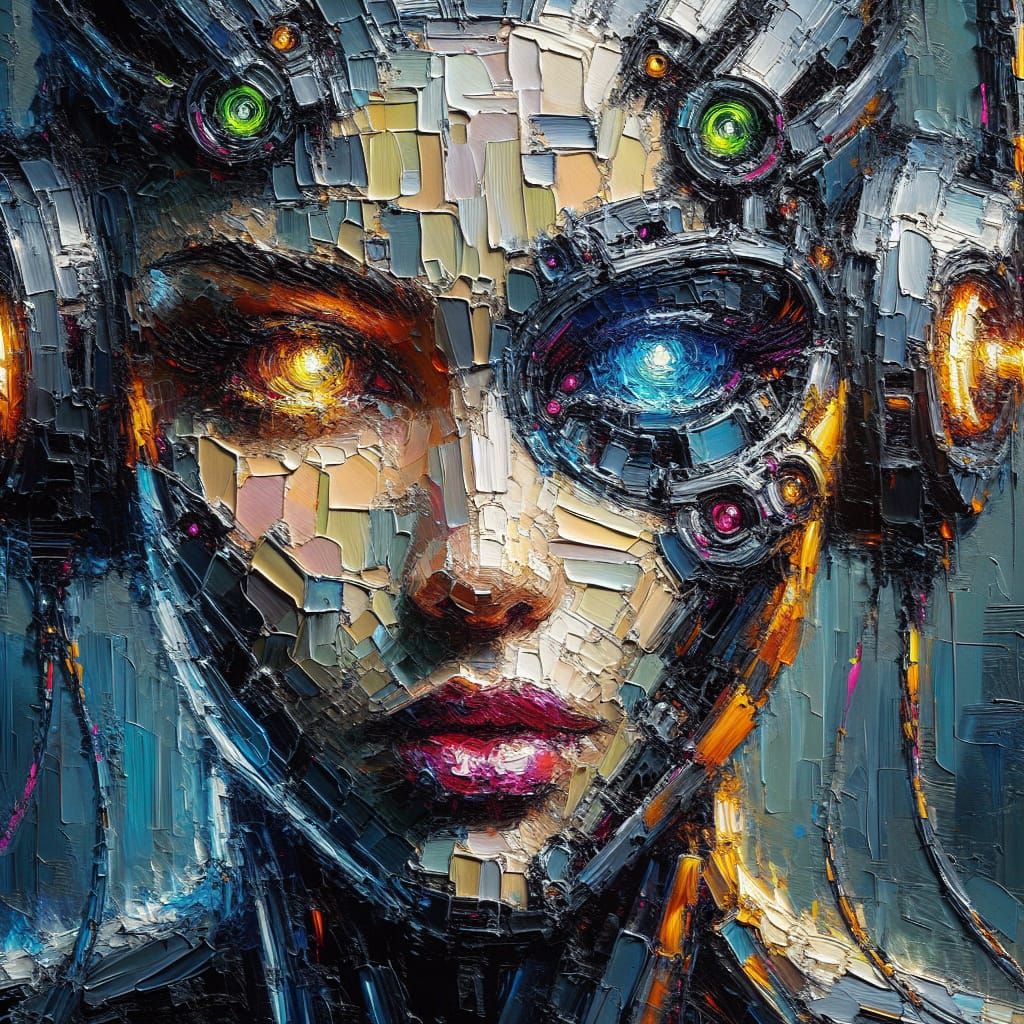 Textured Impasto Painting of a Cybernetic Girl