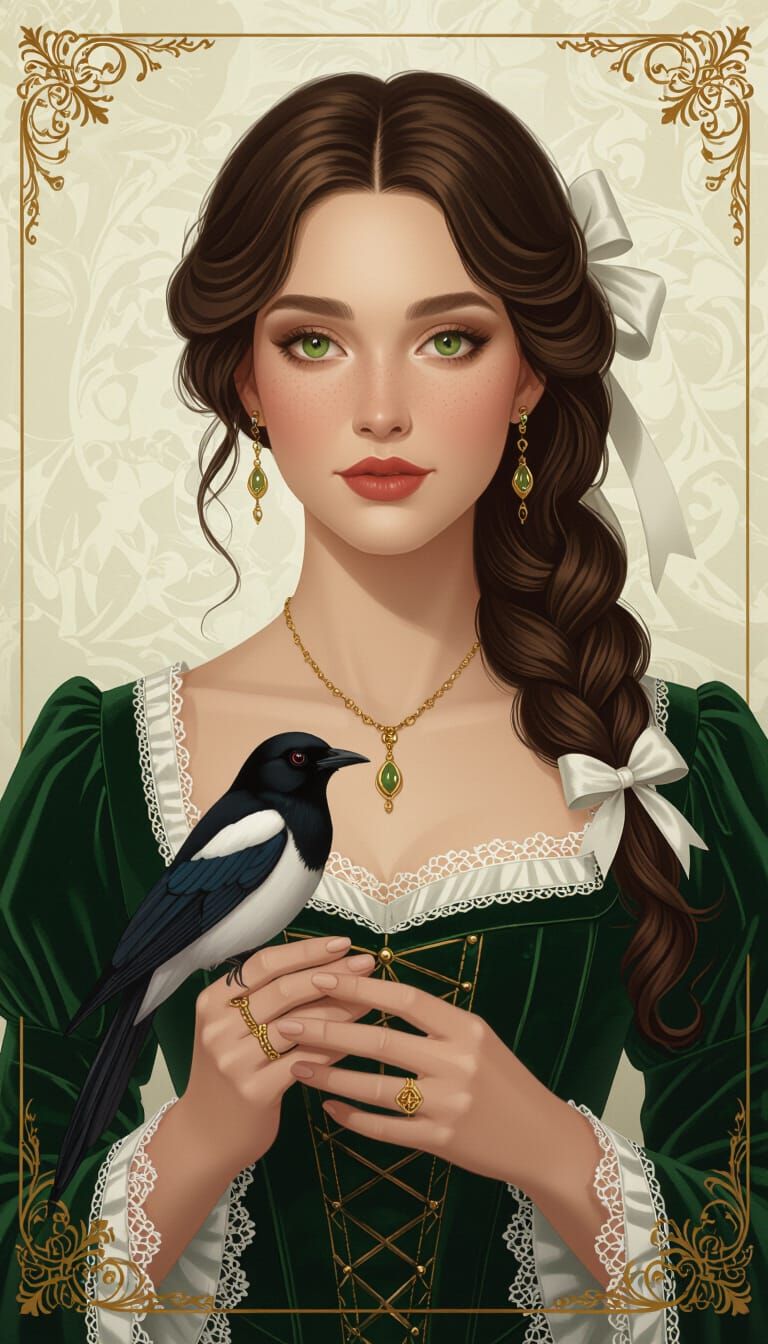 Victorian Woman Holding Magpie in Digital Portrait