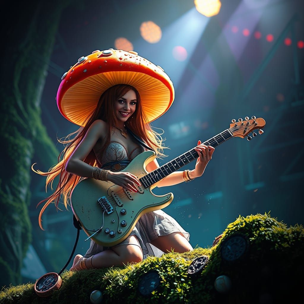 Mushroom Rocker Plays Guitar in Enchanted Forest