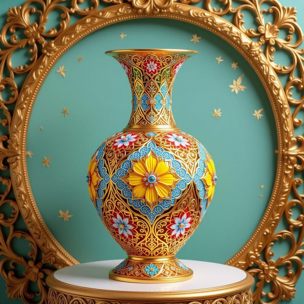 Ornate Kaleidoscopic Vase in Watercolor Xylography