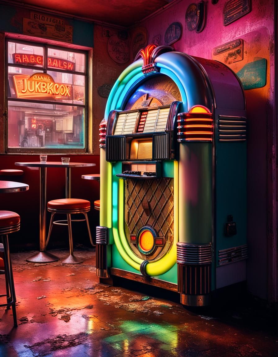 Derelict Jukebox in Run-Down Cafe