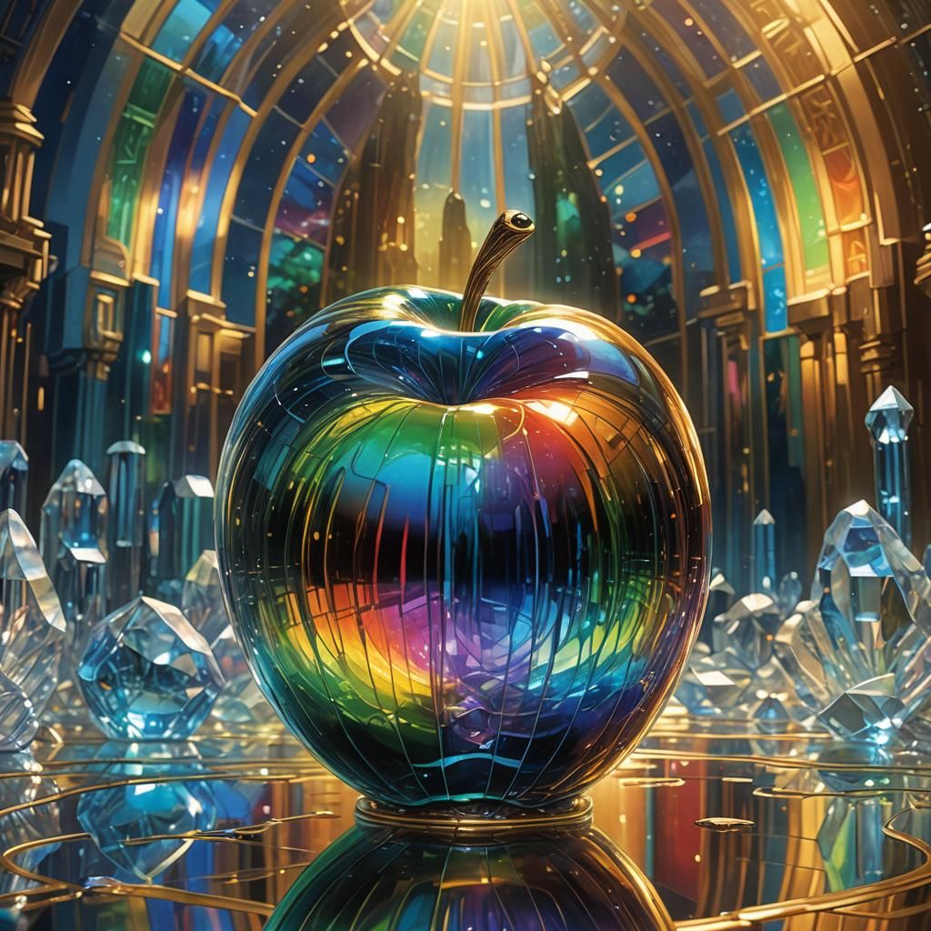 Rainbow Glass Apple in Crystal Temple: Digital Matte Paintin...