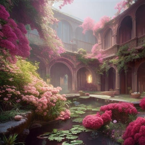 Hyperdetailed Courtyard Garden with Flowering Plants