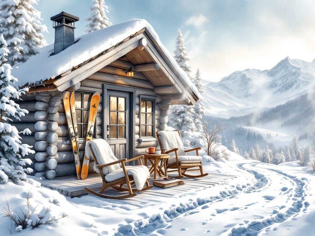 Norwegian Winter Cabin Scene in Watercolour Style