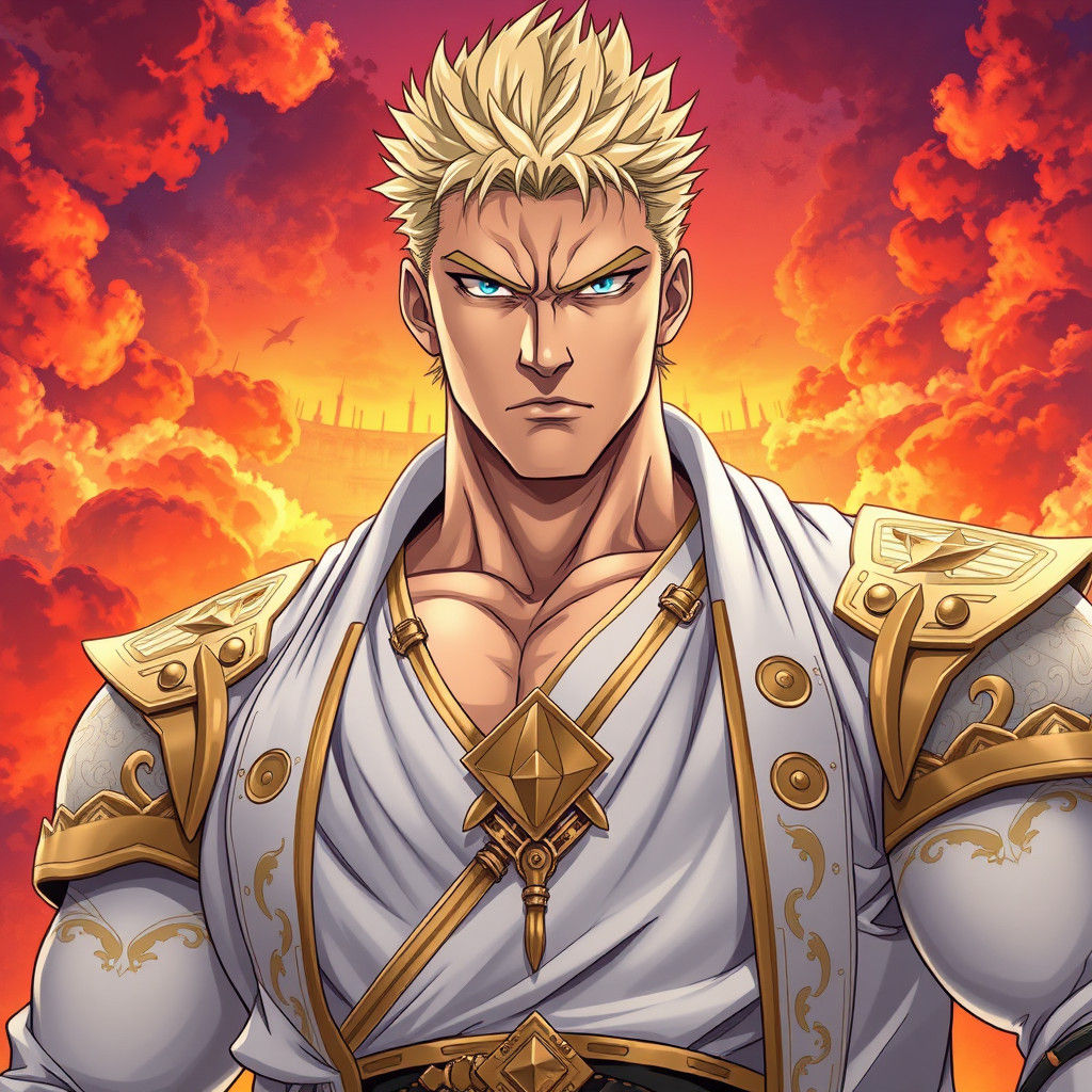 Heroic Anime Man in Gold and White Attire