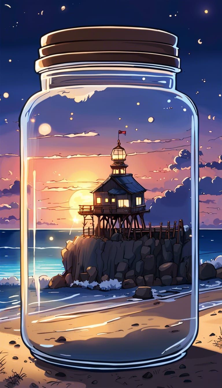 North Sea Sunset: Lighthouse in a Jar, Anime Style