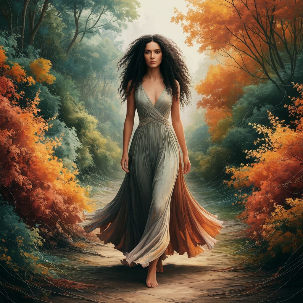 Woman in Overgrown Forest: Abstract Art in Vibrant Colors