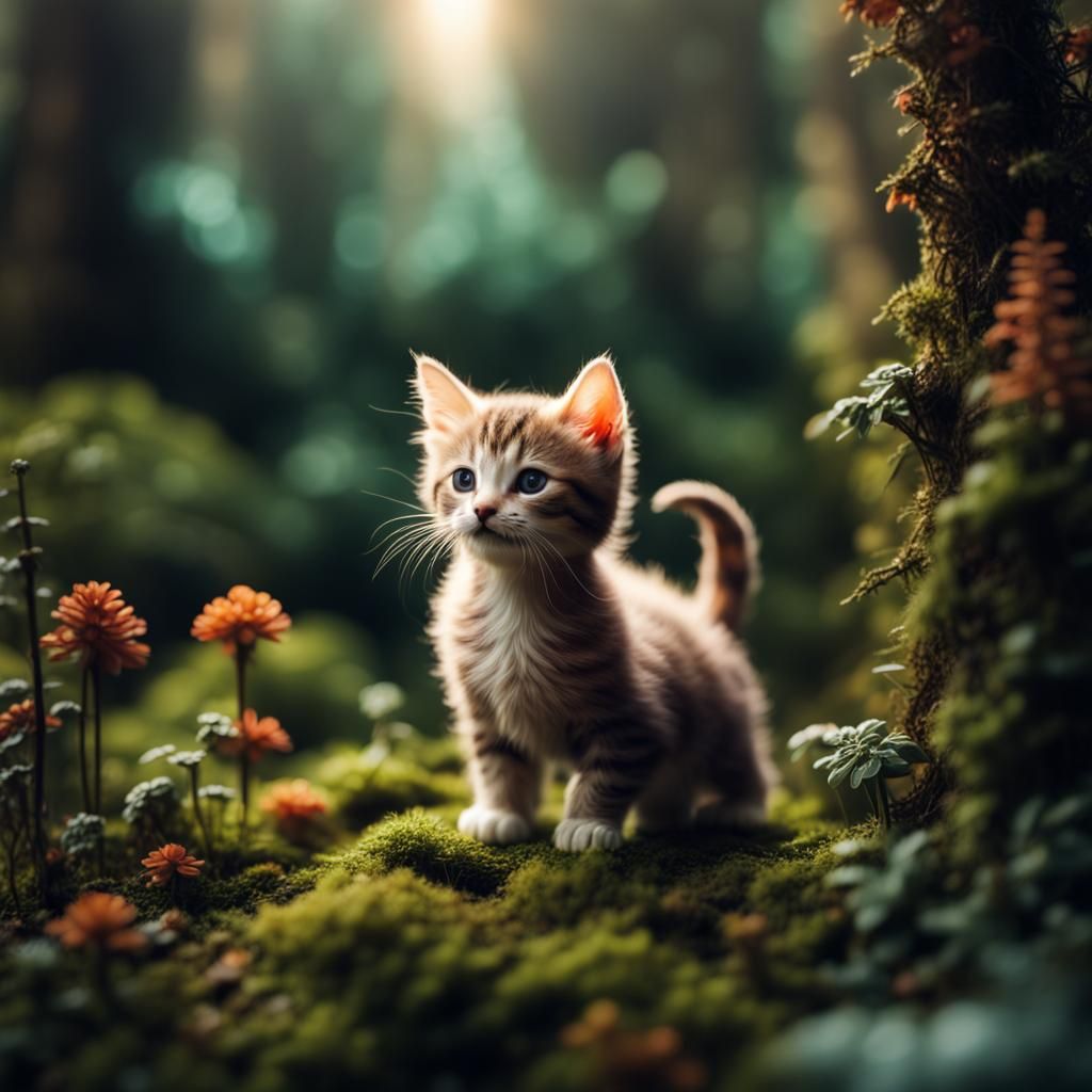 Kitten in a Detailed Miniature Forest