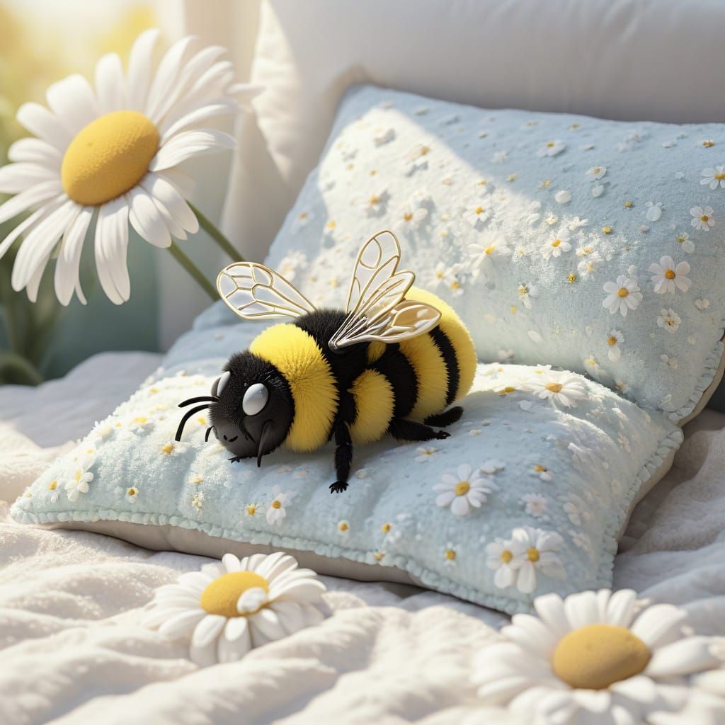 Kawaii Bumble Bee Asleep on Daisy Pillow