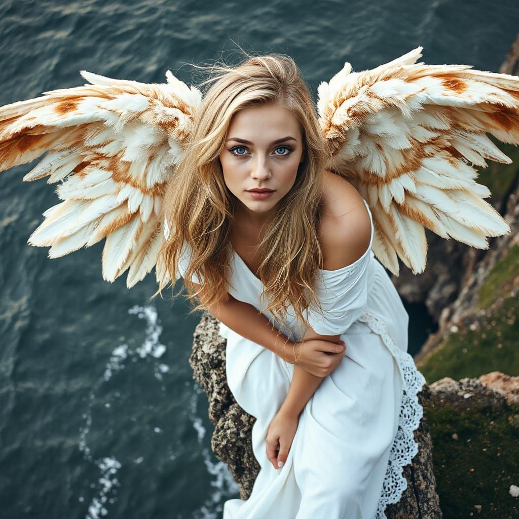 Hyperrealistic Angel Overlooking Gray Wavy Sea