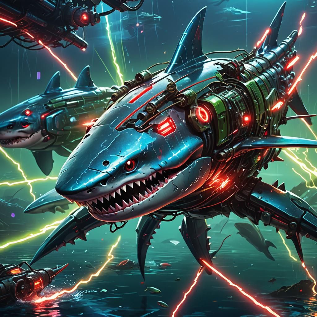 Military Shark with Laser Cannons in Neon Style