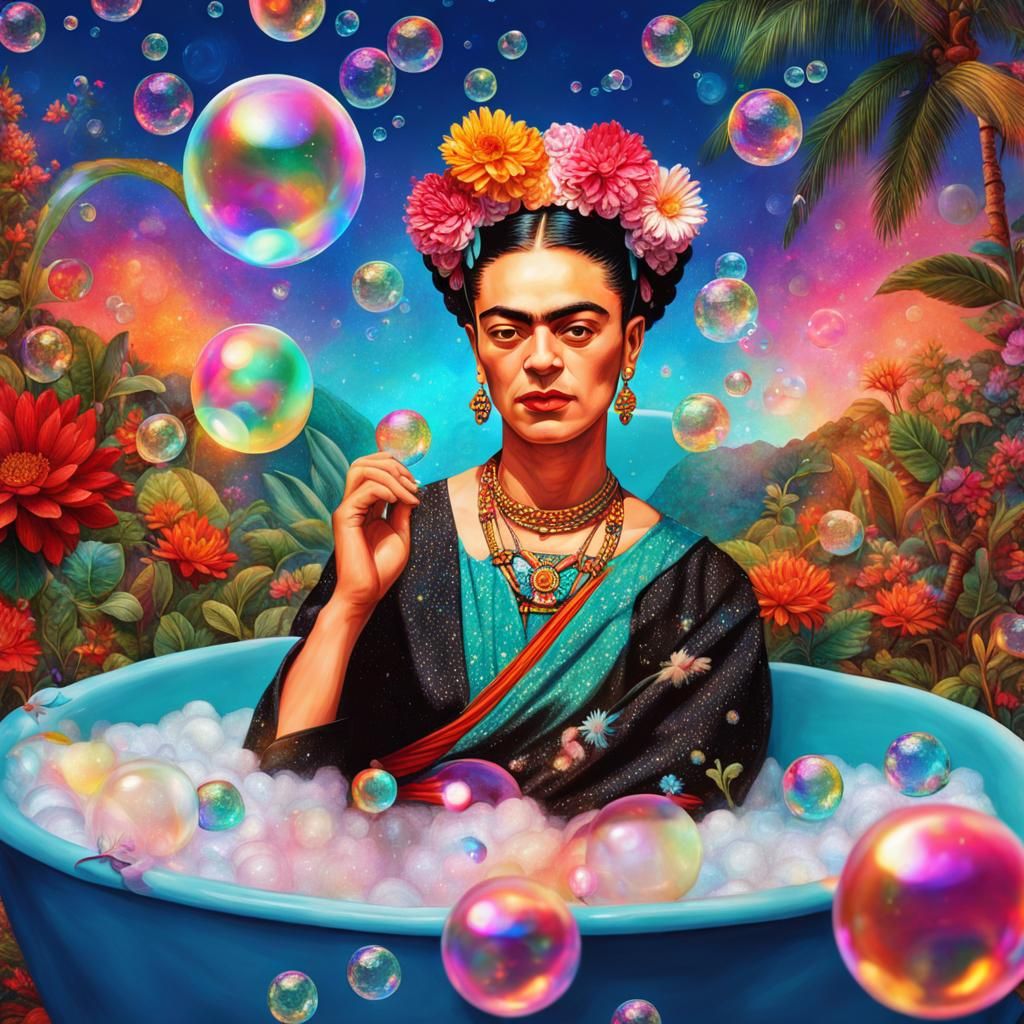 Frida Kahlo in Bubble Bath: Cosmic Illustration