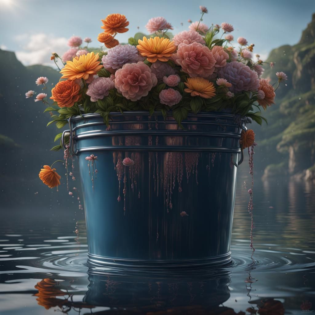 Flower Bucket Reflection: Detailed Fantasy Concept Art