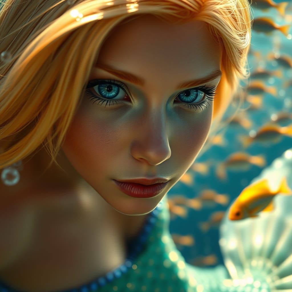 Hyper-Realistic Mermaid Close-Up in Dreamlike Aquatic Scene