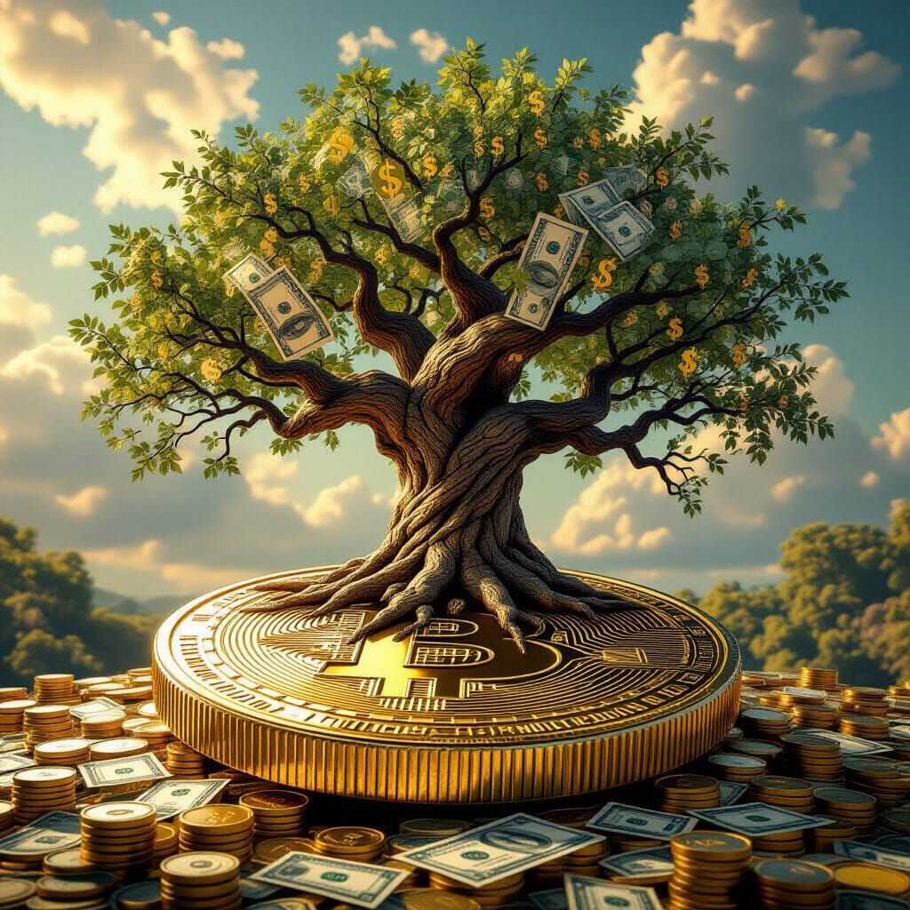 Ancient Oak Grows from Gold Coin, Adorned with Money Filigre...