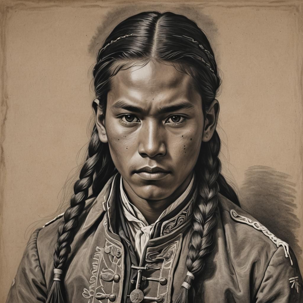 Native American Boy in Uniform: Charcoal Portrait