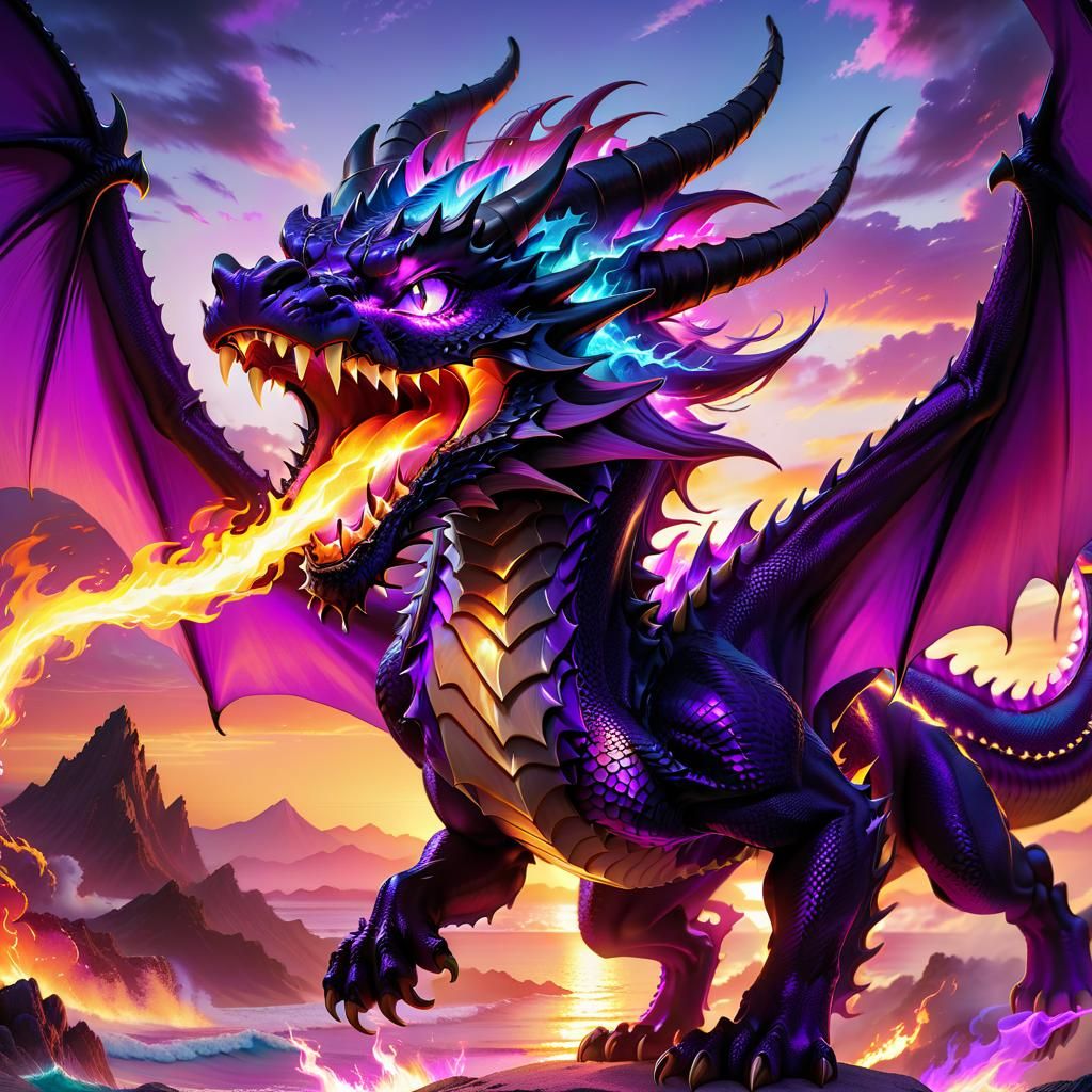 Synthwave Dragon Breathing Fire in Anime Style