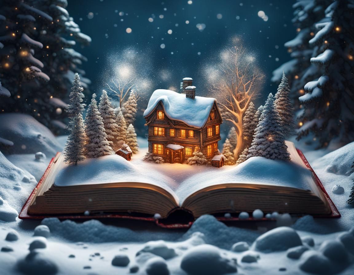 Christmas Village in Ancient Book, Surreal Art