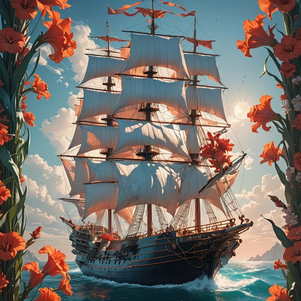 a white ship with huge red gladioli
