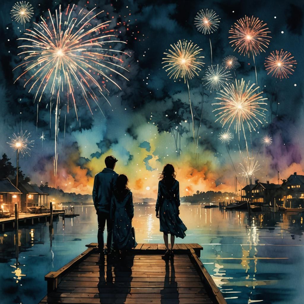 Couple Watching Fireworks Over Moonlit Water