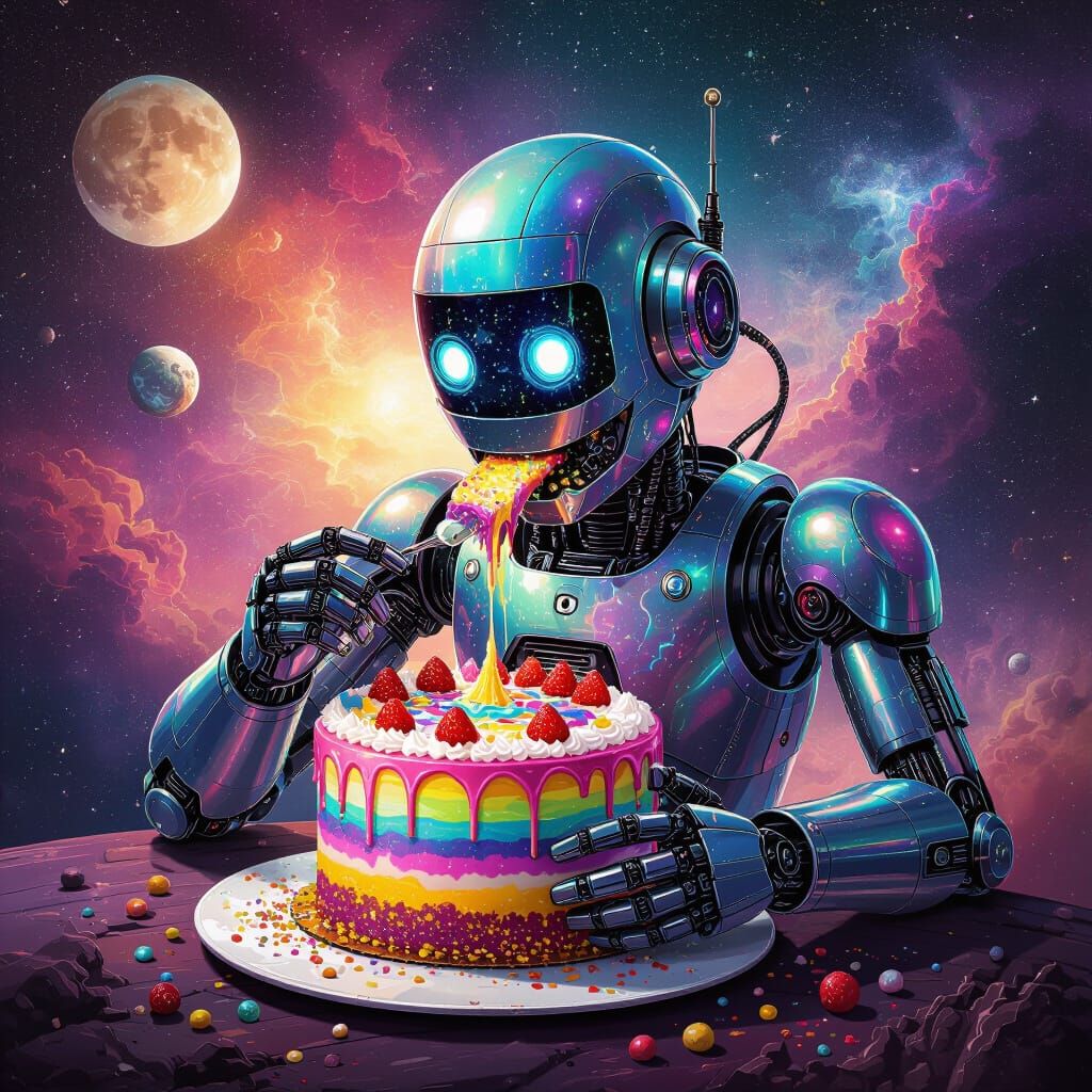 Robot Eating Cake in Cosmic Astral Holographic Illustration