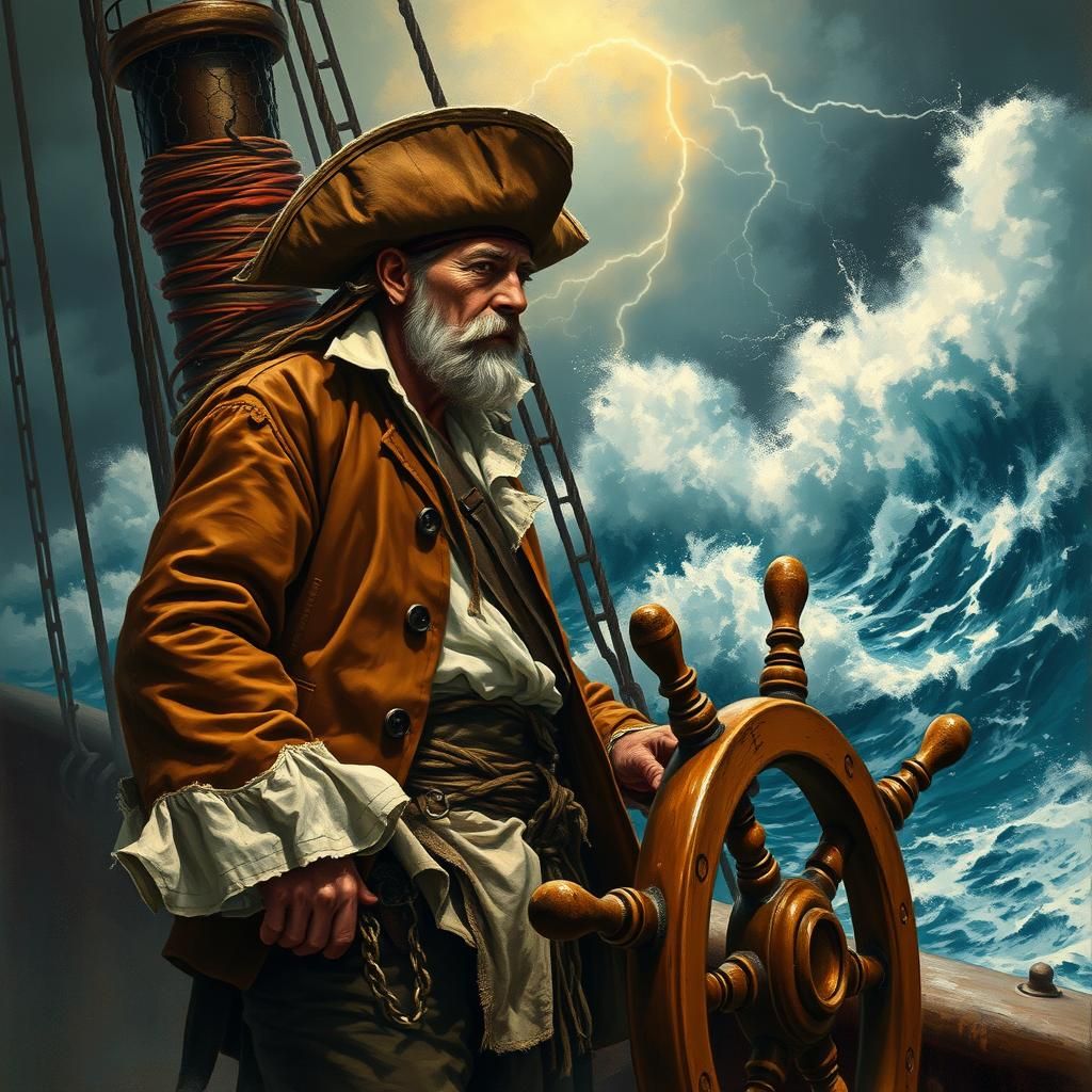 Pirate Captain Navigating Stormy Seas in Dark Fantasy Style
