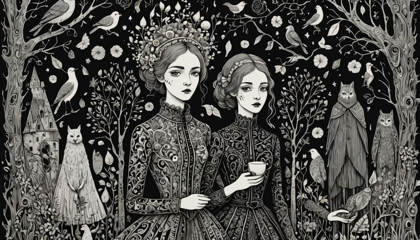 Edward Gorey-Inspired Whimsical Woman Illustration