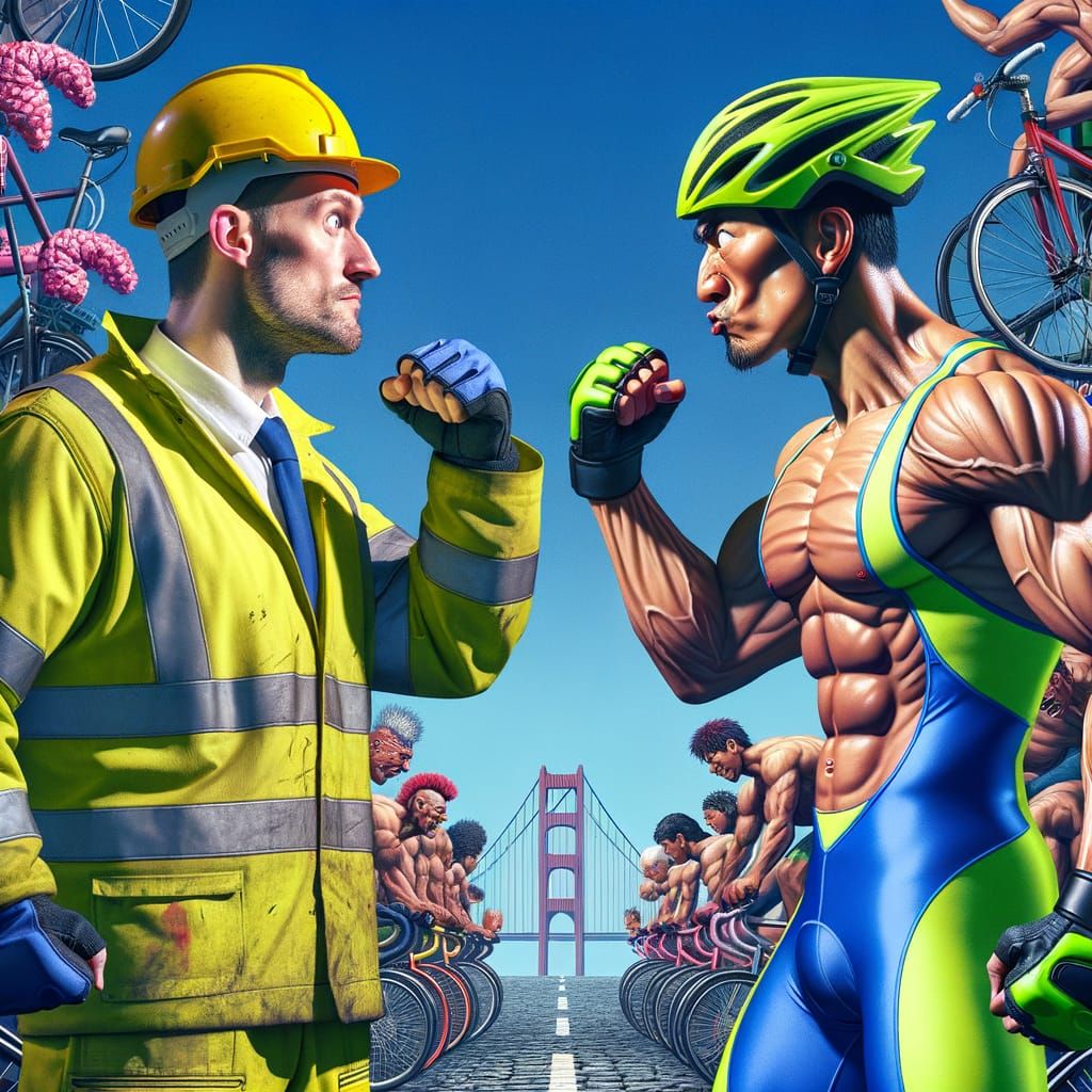 Comical Face-Off: Lorry Driver vs. Cyclist in Arcade Style