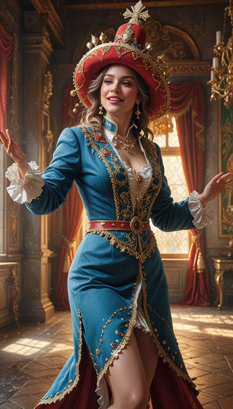 Hyperrealistic Queen's Jesteress in Vibrant Castle Setting