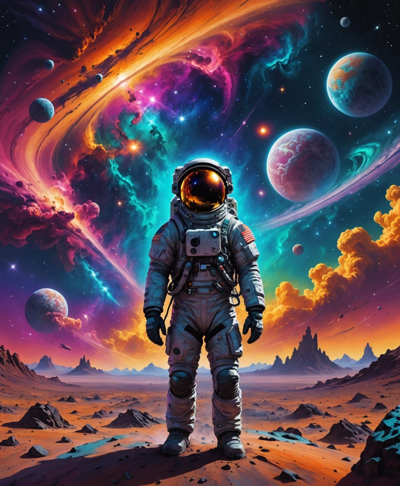 Astronaut Gazing at Nebula in Alien Landscape