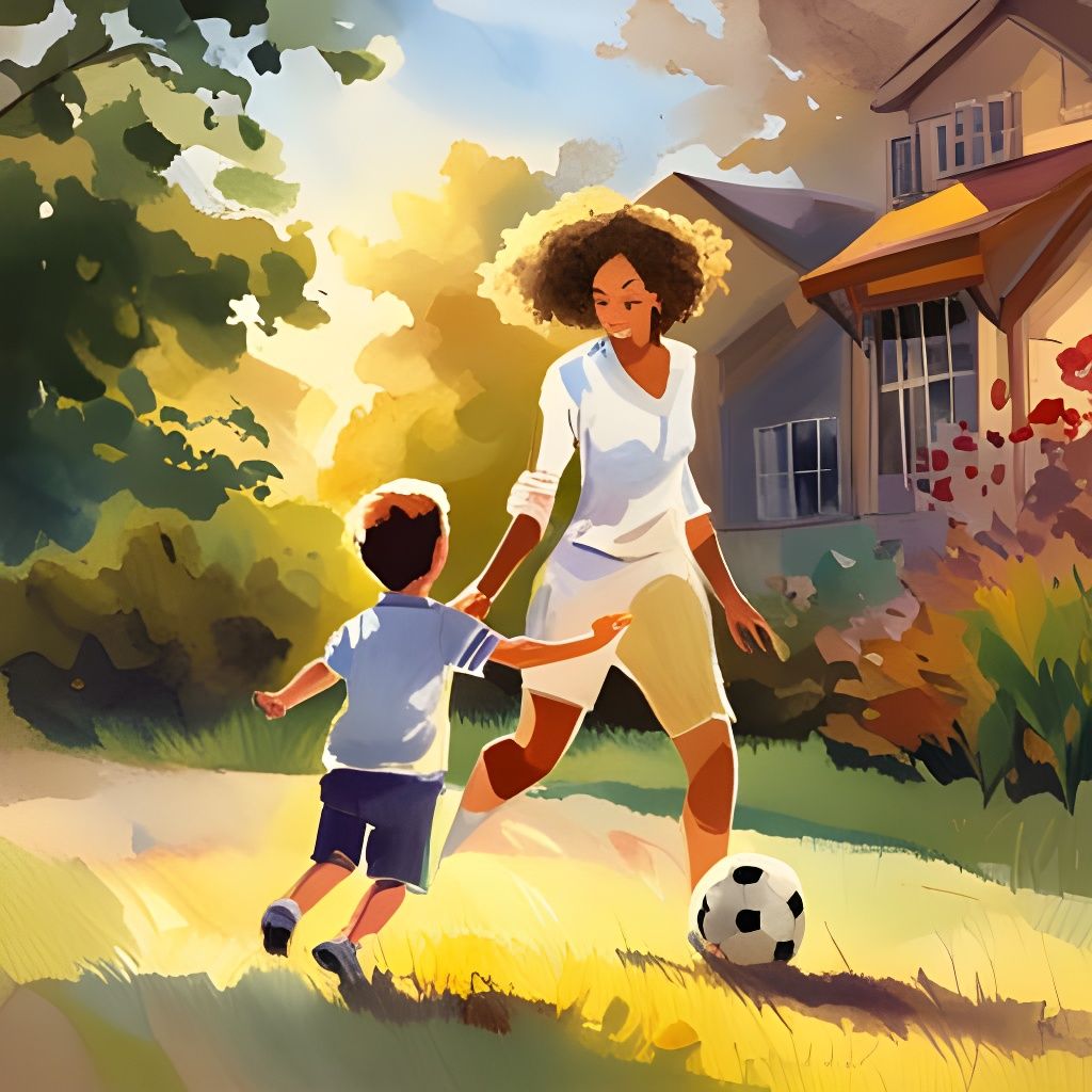 Watercolor of Mother Teaching Son Soccer