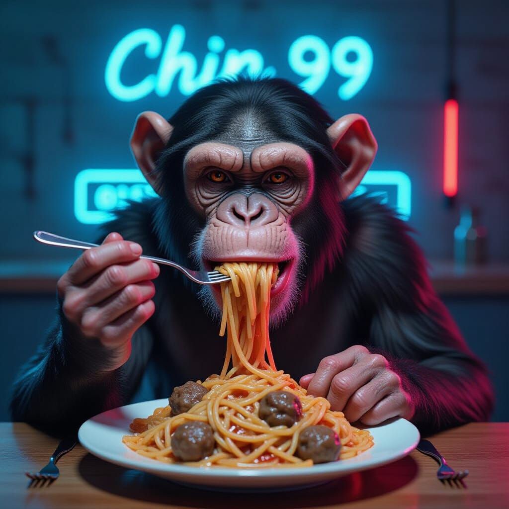 Chimpanzee Enjoying Spaghetti in Synthwave Style