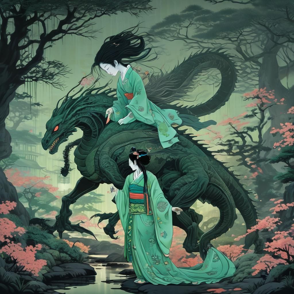Geisha Xenomorph Rider in Ukiyo-e Garden
