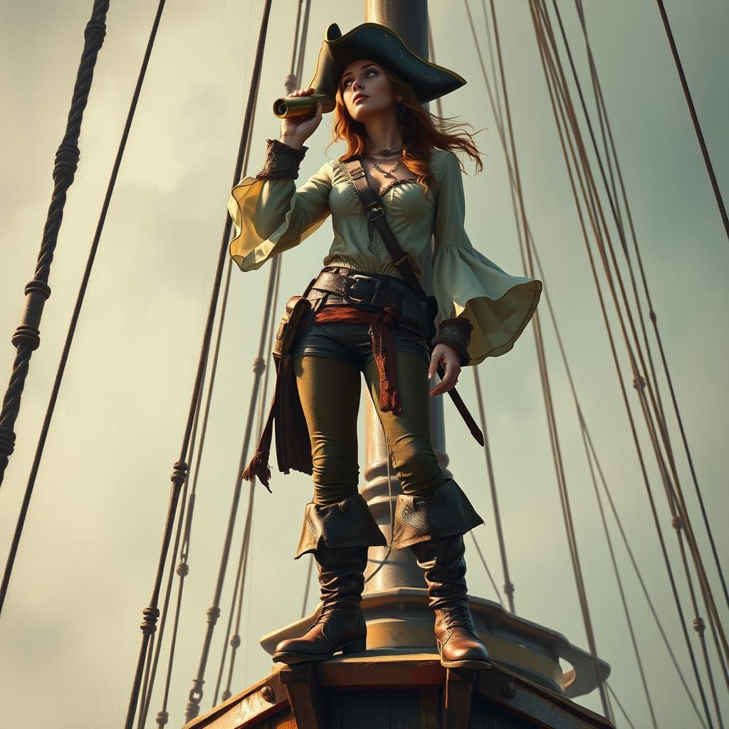 Pirate Woman on Vintage Sailship with Brass Spyglass