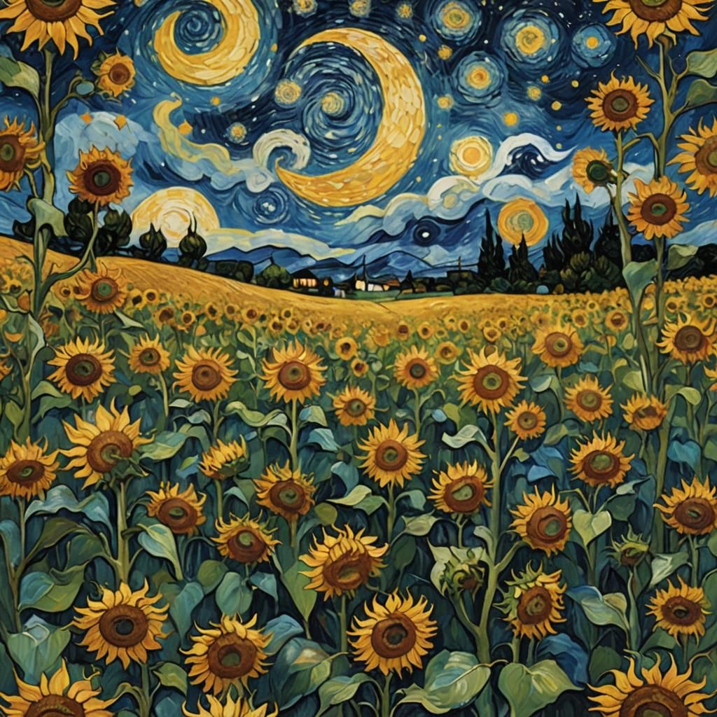 Sunflowers in Starry Night Landscape in Vincent van Gogh Sty...