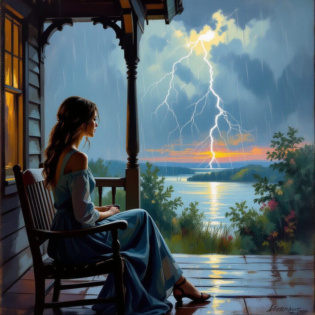 Woman Watching Stormy Rain on Rustic Porch