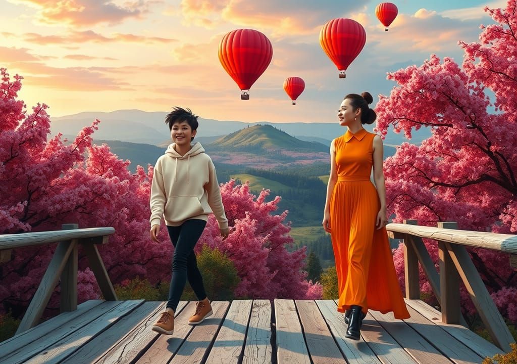 Women Walking Under Balloons, Impressionist Oil Painting