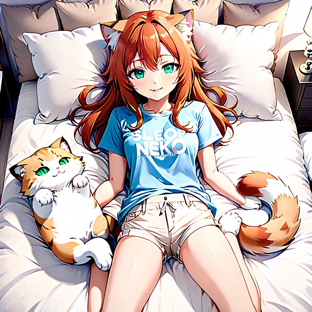 Cute Anime Sand Cat Girl in Japanese Bedroom