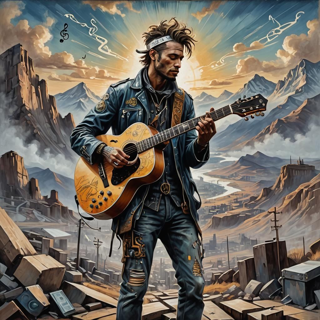 Fantasy Oil Painting of Musician with Mountain Landscape