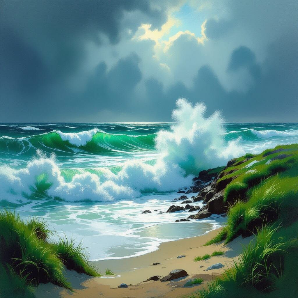 Stormy Seas Meet Lush Green Grass in Oil Painting