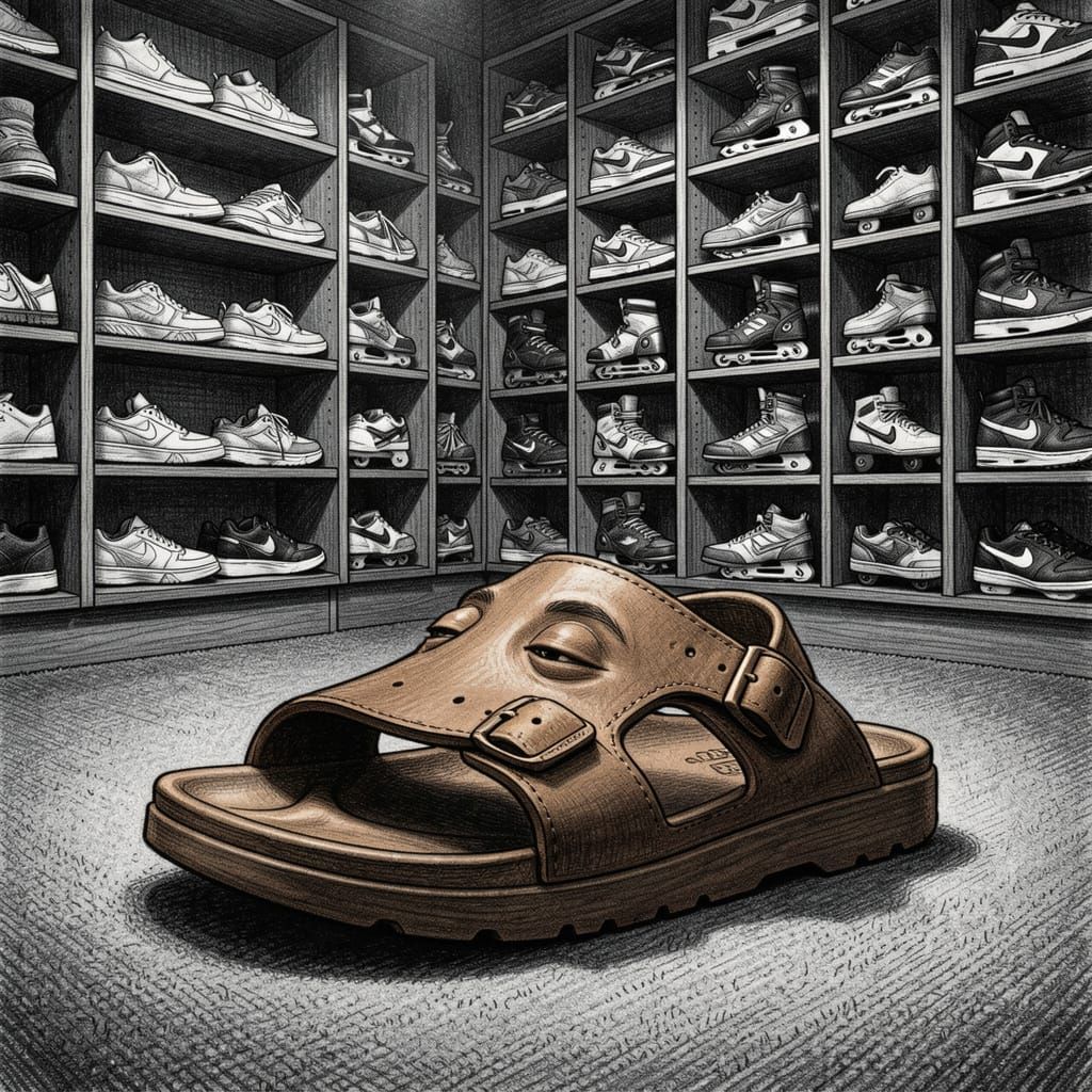 Personified Sandal Napping in Shoe Store, Charcoal Drawing