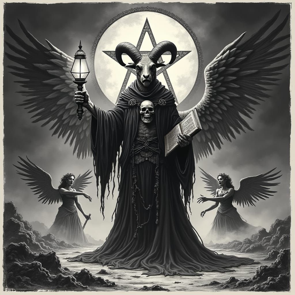 Apocalyptic Goat-headed Figure in Etching Art Style