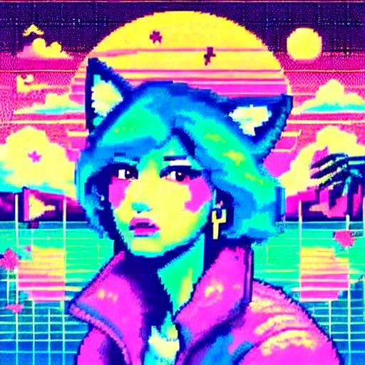 Pixelated Anime Fox Girl at Sunset
