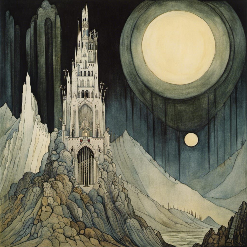Tower Ruins on Mountain, Illustrative Style