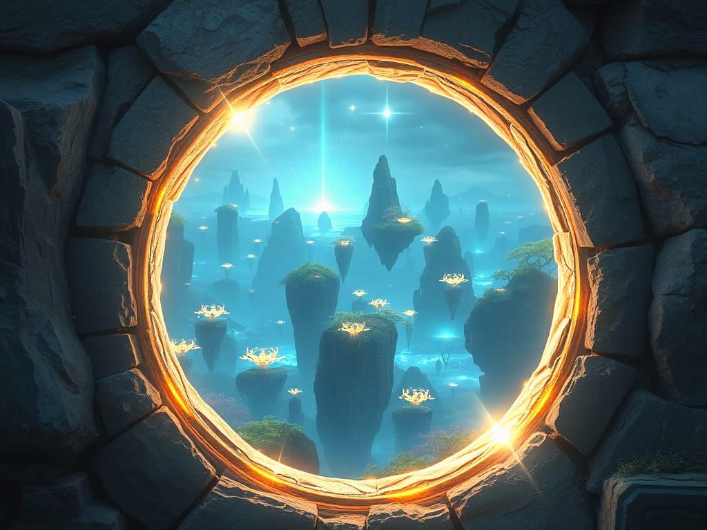 Sparkling Circle Portal Opens on Stone Wall